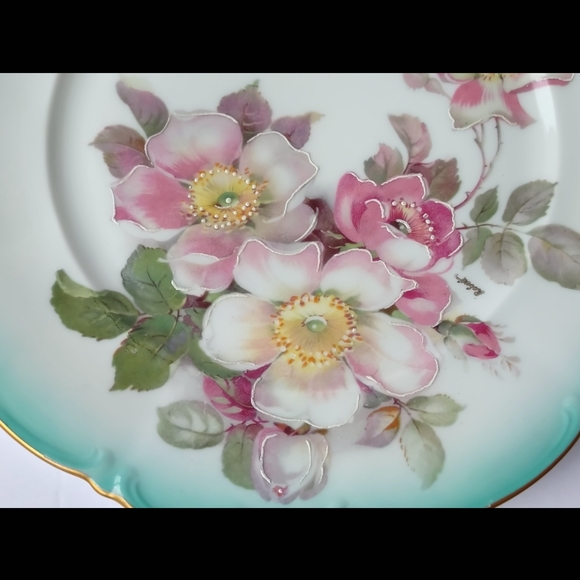 Vintage Porzellanmalerei Parbus Teal Rose Hand Painted Signed Decorative Plate - Picture 2 of 8